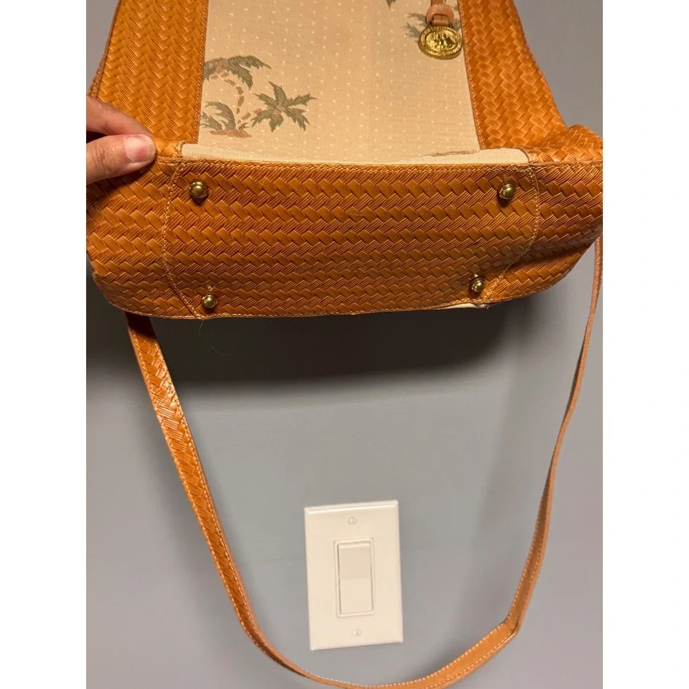 Brahmin Vintage Palm Tree Bamboo Handle Woven Leather Satchel Shoulder Bag Brown